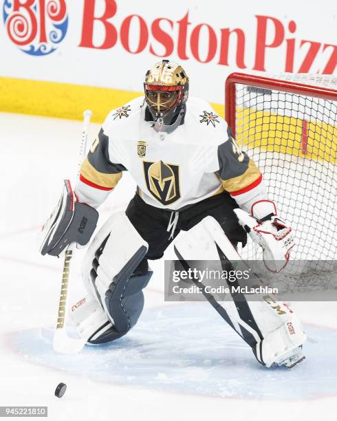 Goaltender Malcolm Subban of the Vegas Golden Knights looks on during warmup against the Edmonton Oilers at Rogers Place on April 5, 2018 in...