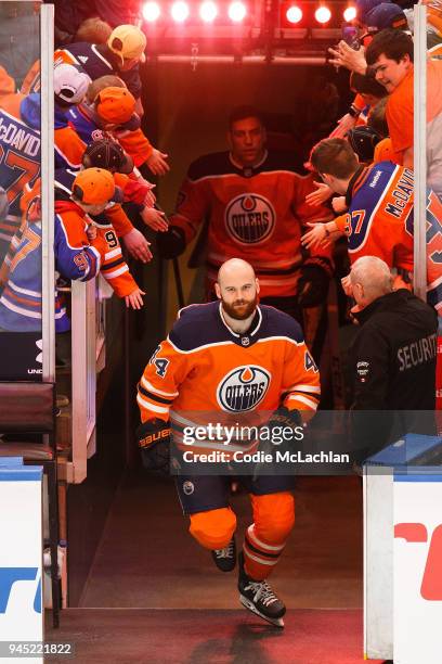 Zack Kassian of the Edmonton Oilers looks on during warmup against the Vegas Golden Knights at Rogers Place on April 5, 2018 in Edmonton, Canada.