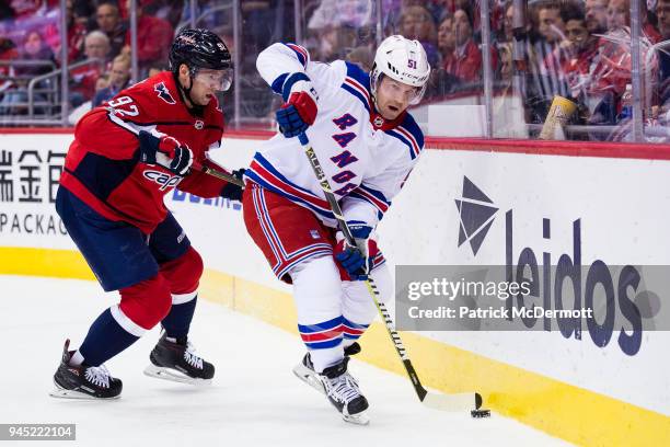 David Desharnais of the New York Rangers and Evgeny Kuznetsov of the Washington Capitals battle for the puck in the second period at Capital One...