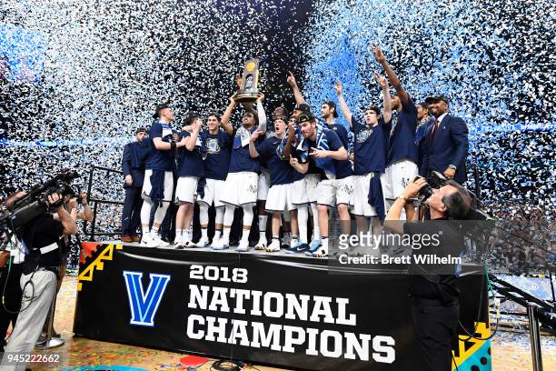 The Villanova Wildcats celebrate after defeating the Michigan Wolverines during the 2018 NCAA Photos via Getty Images Men's Final Four Championship...