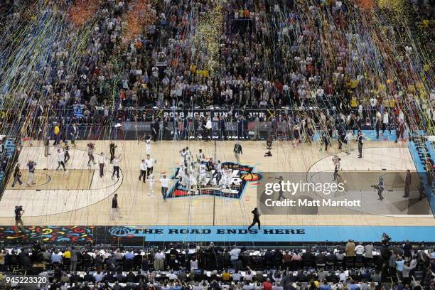 The Villanova Wildcats celebrate after defeating the Michigan Wolverines during the 2018 NCAA Photos via Getty Images Men's Final Four National...