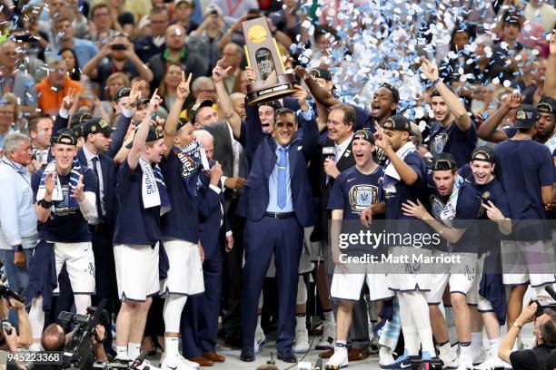 The Villanova Wildcats celebrate after defeating the Michigan Wolverines during the 2018 NCAA Photos via Getty Images Men's Final Four National...