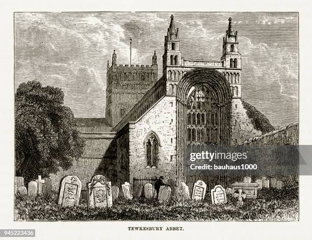 tewkesbury abbey, gloucestershire, england victorian engraving, 1840 - cotswolds stock illustrations