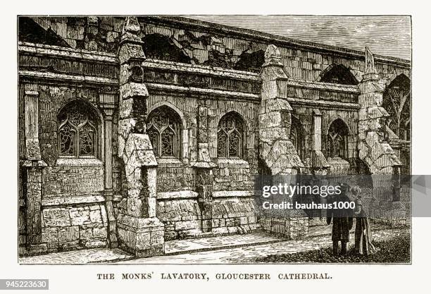 monks’ lavatory gloucester cathedral, gloucestershire, england victorian engraving, 1840 - gloucester cathedral stock illustrations