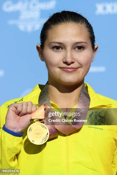 Gold medalist Melissa Wu of Australia poses during the medal ceremony for the Women's 10m Platform Diving Final on day eight of the Gold Coast 2018...