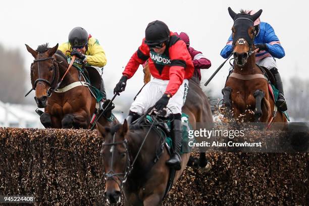 Robbie Power riding Finian's Oscar clear the last to win The Big Buck's Celebration Manifesto Novices' Chase at Aintree racecourse on April 12, 2018...
