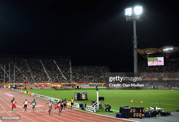 General view as Zharnel Hughes of England crosses the line to win gold ahead of Jereem Richards of Trinidad and Tobago inthe Men's 200 metres final...