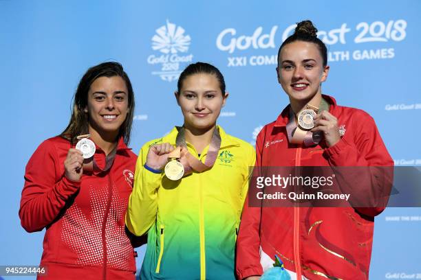Silver medalist Meaghan Benfeito of Canada, gold medalist Melissa Wu of Australia and Lois Toulson of England pose during the medal ceremony for the...