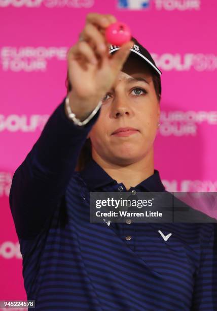 Georgia Hall of England selects a ball during the GolfSixes Media Day at The Centurion Club on April 12, 2018 in St Albans, England.