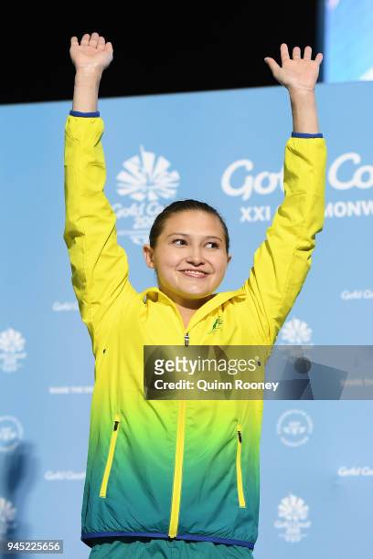 Gold medalist Melissa Wu of Australia poses during the medal ceremony for the Women's 10m Platform Diving Final on day eight of the Gold Coast 2018...