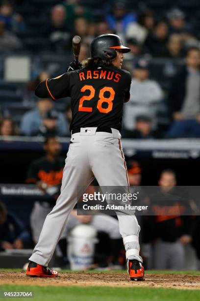 Colby Rasmus of the Baltimore Orioles at bat against the New York Yankees during the tenth inning at Yankee Stadium on April 6, 2018 in the Bronx...