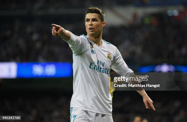 Cristiano Ronaldo of Real Madrid gestures during the UEFA Champions League Quarter Final Second Leg match between Real Madrid and Juventus at Estadio...