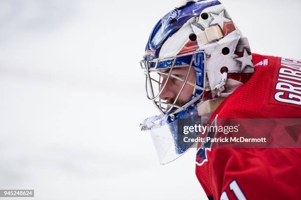 Philipp Grubauer of the Washington Capitals looks on during the pre-game skate prior to a game against the San Jose Sharks at Capital One Arena on...