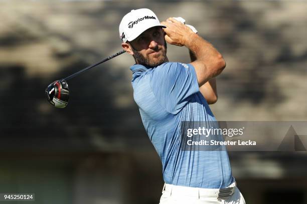 Dustin Johnson plays his tee shot on the 15th hole during the first round of the 2018 RBC Heritage at Harbour Town Golf Links on April 12, 2018 in...