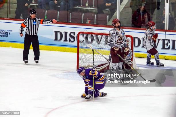 Sydney Harris, of Elmira College, gets low as she celebrates her teammate Sarah Hughson scoring Elmira's only goal during the Division III Women's...