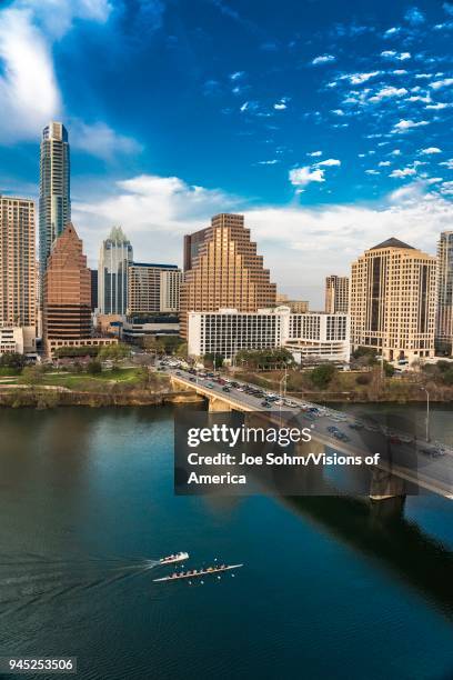 Austin, Texas, Cityscape Evening Skyline with skyscrapers down Congress Avenue Bridge over Colorado River.