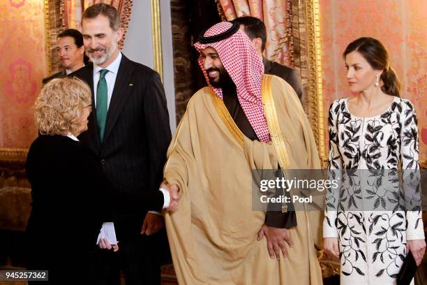 King Felipe VI of Spain and Queen Letizia of Spain receive Crown Prince Mohammad bin Salman bin Abdulaziz Al Saud of Saudi Arabia for an official...