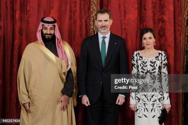 King Felipe VI of Spain and Queen Letizia of Spain receive Crown Prince Mohammad bin Salman bin Abdulaziz Al Saud of Saudi Arabia for an official...