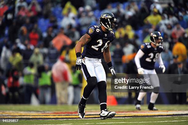 Dawan Landry of the Baltimore Ravens defends against the Detroit Lions at M&T Bank Stadium on December 13, 2009 in Baltimore, Maryland. The Ravens...