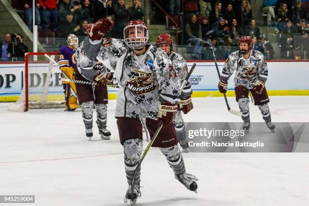 Sophie McGovern, of Norwich University, celebrates after scoring the second goal for Norwich during the Division III Women's Ice Hockey Championship,...