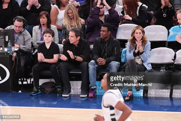Actors Ben Stiller and Chris Rock attend the game between the Milwaukee Bucks and the New York Knicks at Madison Square Garden on April 7, 2018 in...