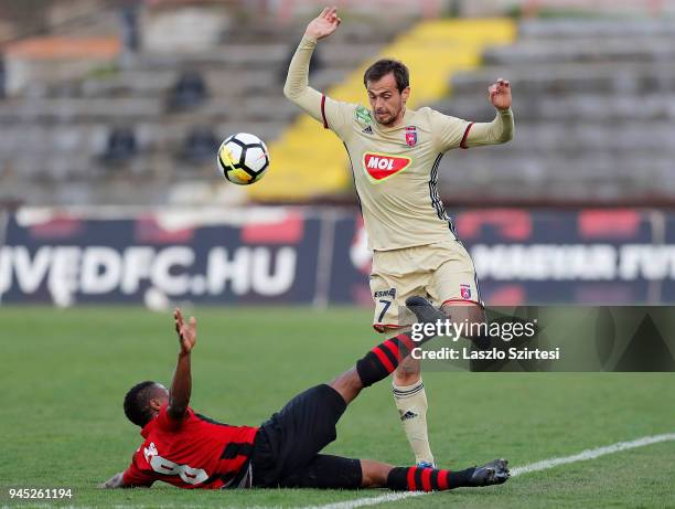 Patrick Ikenne King of Budapest Honved fouls Danko Lazovic of Videoton FC during the Hungarian OTP Bank Liga match between Budapest Honved and...