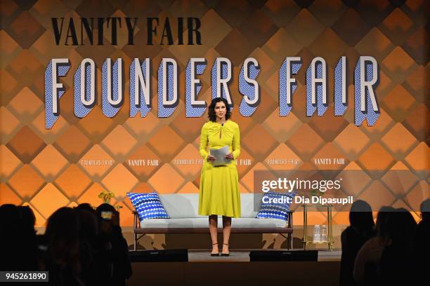 Vanity Fair Editor Radhika Jones speaks onstage during Vanity Fair's Founders Fair at Spring Studios on April 12, 2018 in New York City.