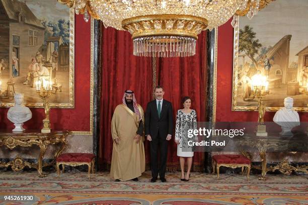 King Felipe VI of Spain and Queen Letizia of Spain receive Crown Prince Mohammad bin Salman bin Abdulaziz Al Saud of Saudi Arabia for an official...