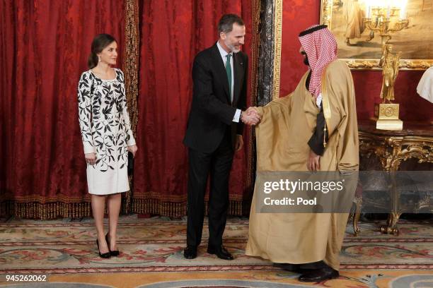 King Felipe VI of Spain and Queen Letizia of Spain receive Crown Prince Mohammad bin Salman bin Abdulaziz Al Saud of Saudi Arabia for an official...