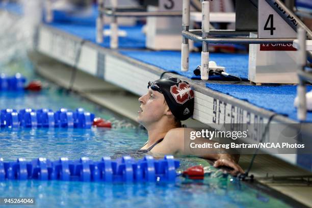 With time to spare, Katie Ledecky of Stanford rests after competing in the 1650 yard freestyle during the Division I Women's Swimming & Diving...