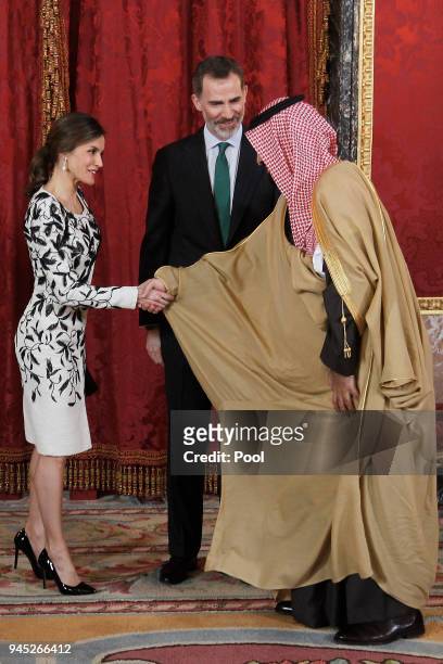 King Felipe VI of Spain and Queen Letizia of Spain receive Crown Prince Mohammad bin Salman bin Abdulaziz Al Saud of Saudi Arabia for an official...