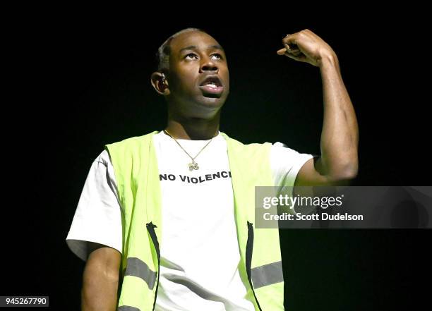 Rapper Tyler, The Creator of the Odd Future collective performs onstage at The Shrine Auditorium on April 11, 2018 in Los Angeles, California.