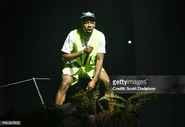 Rapper Tyler, The Creator of the Odd Future collective performs onstage at The Shrine Auditorium on April 11, 2018 in Los Angeles, California.