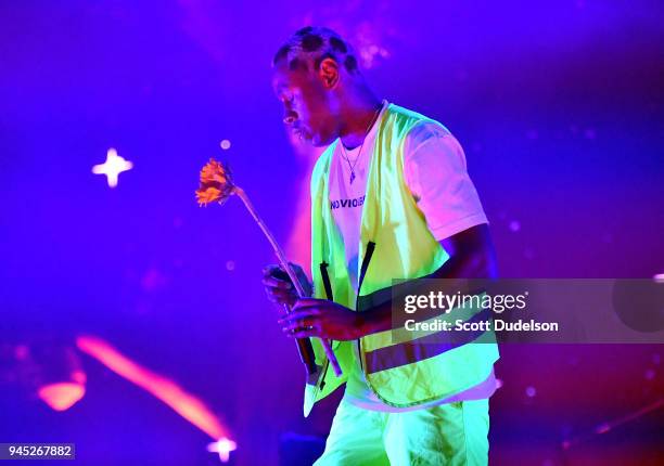 Rapper Tyler, The Creator of the Odd Future collective performs onstage at The Shrine Auditorium on April 11, 2018 in Los Angeles, California.