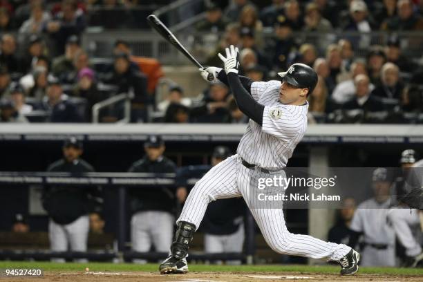 Mark Teixeira of the New York Yankees bats against the Philadelphia Phillies in Game Six of the 2009 MLB World Series at Yankee Stadium on November...