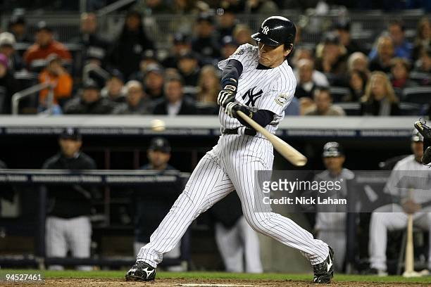Hideki Matsui of the New York Yankees bats against the Philadelphia Phillies in Game Six of the 2009 MLB World Series at Yankee Stadium on November...