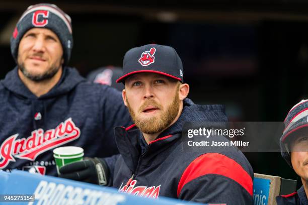 Cody Allen of the Cleveland Indians in the dugout prior to the game against the Detroit Tigers at Progressive Field on April 10, 2018 in Cleveland,...