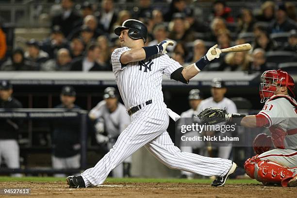 Nick Swisher of the New York Yankees bats against the Philadelphia Phillies in Game Six of the 2009 MLB World Series at Yankee Stadium on November 4,...