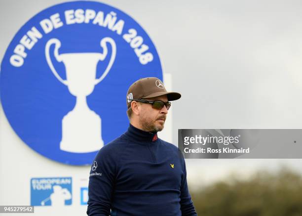 Mikko Korhonen of Finland looks on at the 15th tee during day one of Open de Espana at Centro Nacional de Golf on April 12, 2018 in Madrid, Spain.