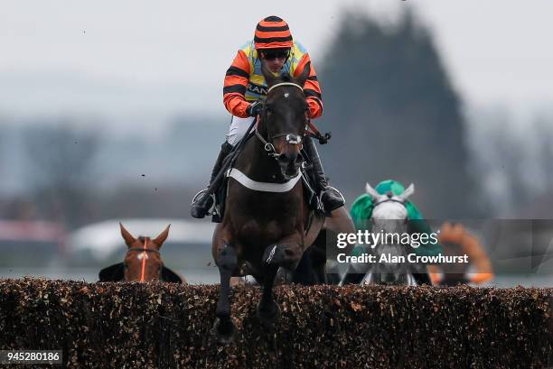 Nico de Boinville riding Might Bite clear the last to win The Betway Bowl Steeple Chase at Aintree racecourse on April 12, 2018 in Liverpool, England.