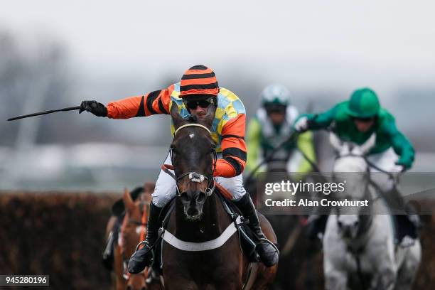 Nico de Boinville riding Might Bite clear the last to win The Betway Bowl Steeple Chase at Aintree racecourse on April 12, 2018 in Liverpool, England.