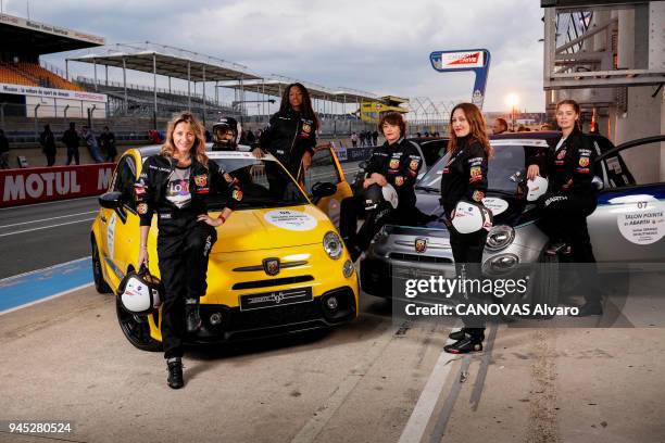 At the 6th edition of the Talon Pointe by Abarth Challenge Exclusive Drive 2018 on the Bugatti circuit, the pilots Sarah Lavoine, Hapsatou Sy, Emma...