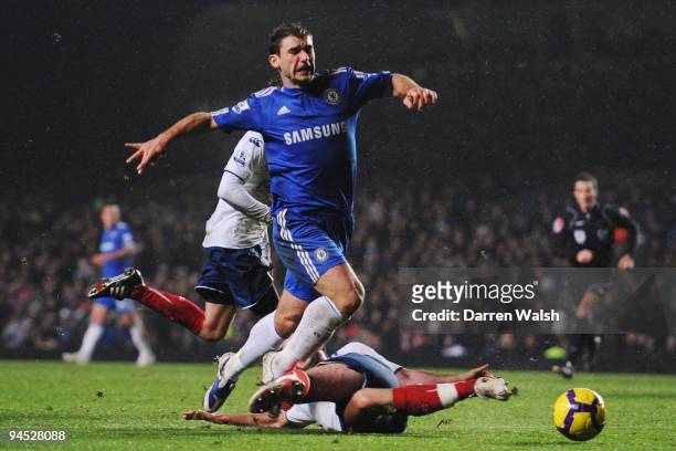 Branislav Ivanovic of Chelsea is fouled in the penalty box by Marc Wilson of Portsmouth during the Barclays Premier League match between Chelsea and...