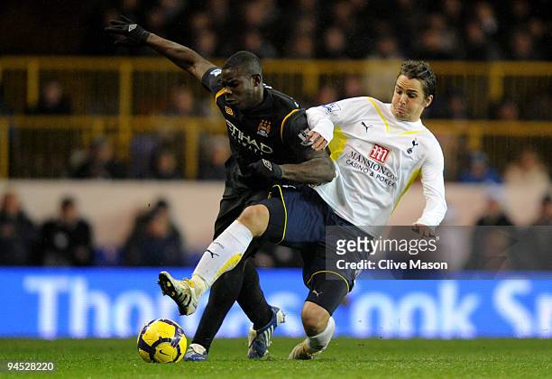 Micah Richards of Manchester City and Niko Kranjcar of Spurs battle for the ball during the Barclays Premier League match between Tottenham Hotspur...