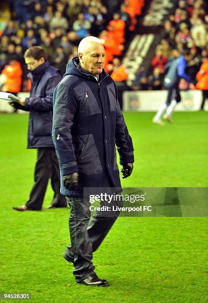 Liverpool legendary players walk onto the pitch as bag-pipes play at Anfeild in commemoration of Bill Shankly's 50th anniversary of being involved at...