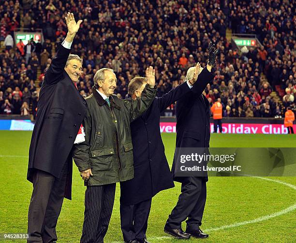 Liverpool legendary players walk onto the pitch as bag-pipes play at Anfield in commemoration of Bill Shankly's 50th anniversary of being involved at...