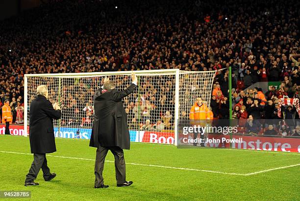 Liverpool legendary players walk onto the pitch as bag-pipes play at Anfield in commemoration of Bill Shankly's 50th anniversary of being involved at...