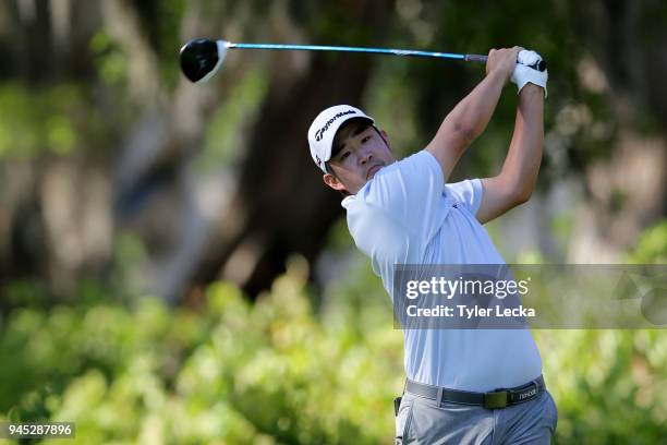 John Huh plays his tee shot on the eighth hole during the first round of the 2018 RBC Heritage at Harbour Town Golf Links on April 12, 2018 in Hilton...