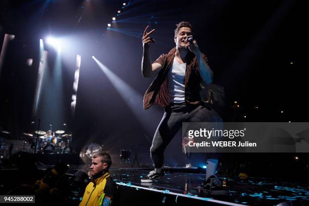 The alternative rock group american Imagine Dragons with the singer Dan Reynolds is photographed for Paris Match on stage on March 03, 2018 in...