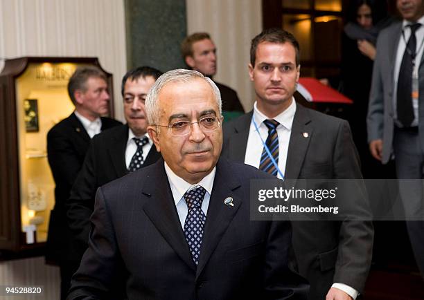Salam Fayyad, prime minister of the Palestinian Authority, leaves a hotel after meeting Luiz Inacio Lula da Silva, Brazil's president, during the...